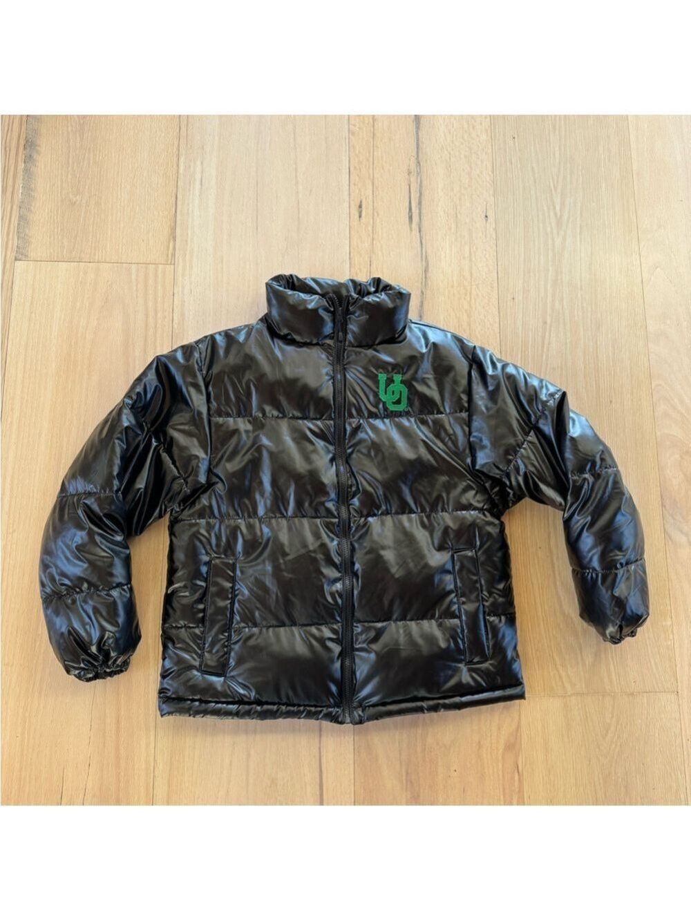 Black Puffer Bomber Jacket with Green Logo